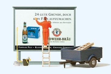 10526 Preiser H0  Plakatkleber auf Leiter, Plakattafel, Anhänger