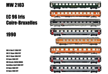 MW2103 ModelsWorld - LS Models 8teiliges Personenwagenset EC96 " IRIS " der SBB / SNCB