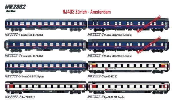 MW2302 ModelsWorld - LS Models 8teiliges Personenwagenset Nightjet NJ403 Zürich - Amsterdam der ÖBB